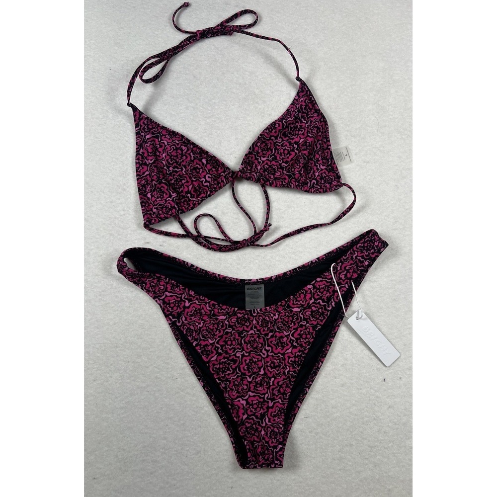 New BRIGHT Ivy Bikini Top & Bottom Euphoria Purple Sz L High Cut V String Bikini